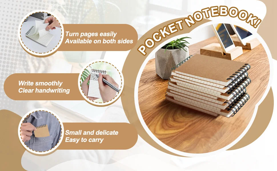 6/12 pocket notebooks, spiral-bound notepads, office-style mini notebooks, lined paper memos for home, university, or school use