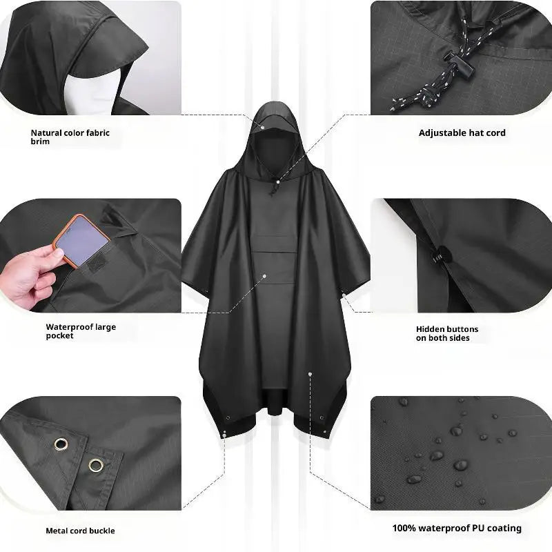 Waterproof Rain Poncho Hooded Sun Shelter For Outdoor Camping Hiking Fishing Cycling Climbing Rain Coat Travel Raincoat